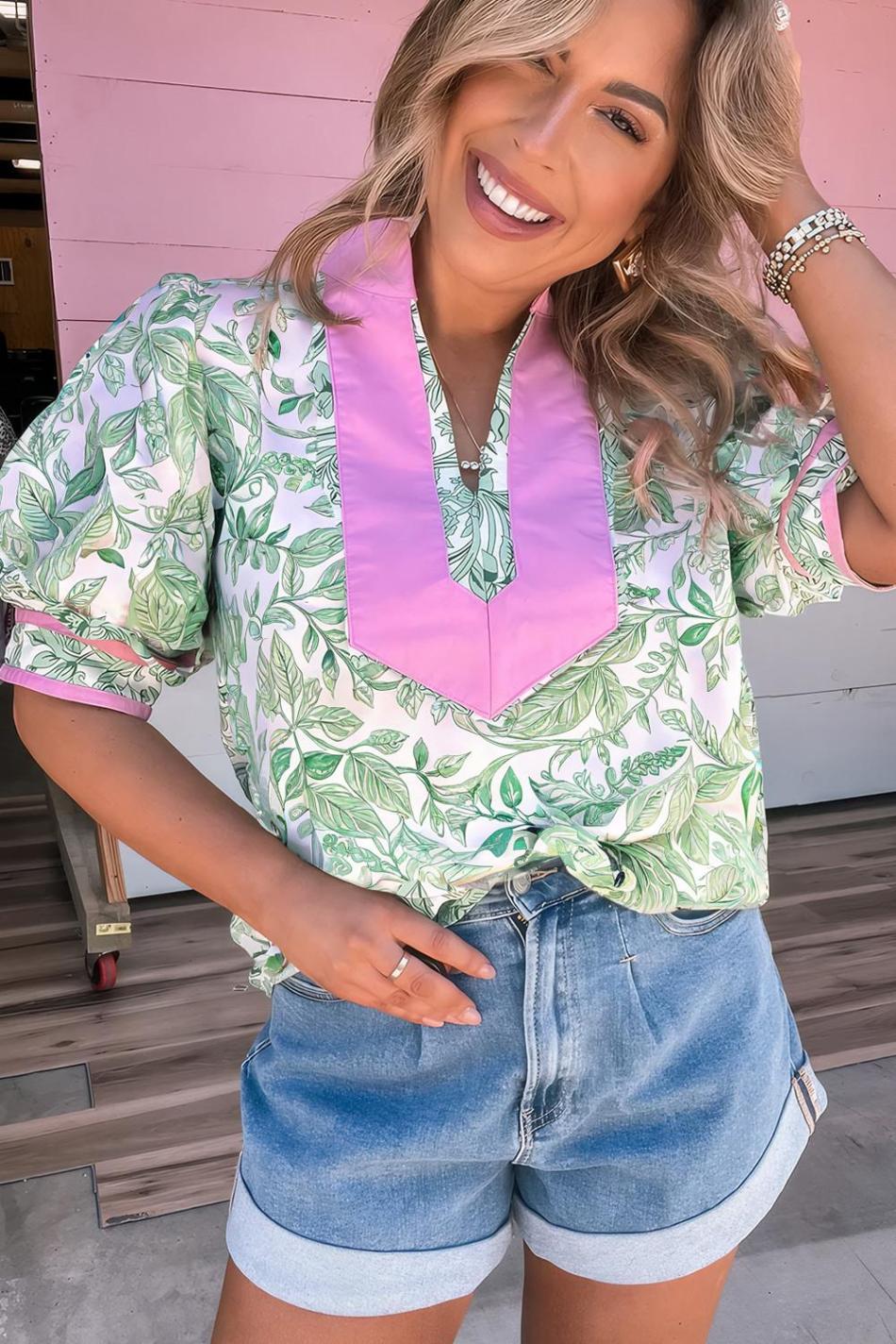Green Leaves Pattern Colorblock V Neck Puff Sleeve Blouse | Women Blouses