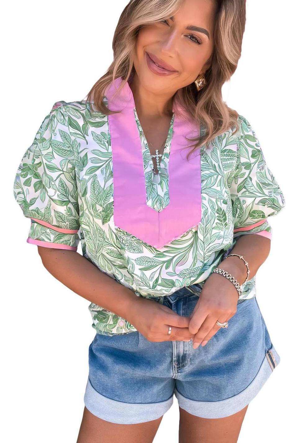 Green Leaves Pattern Colorblock V Neck Puff Sleeve Blouse | Women Blouses