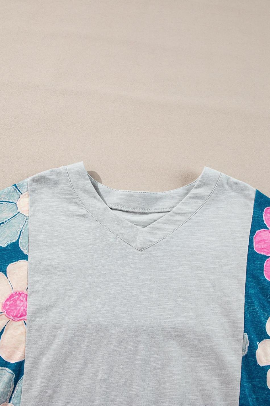 Green Patchwork 60S Floral V Neck Bracelet Sleeve Oversized Top | Women T Shirts