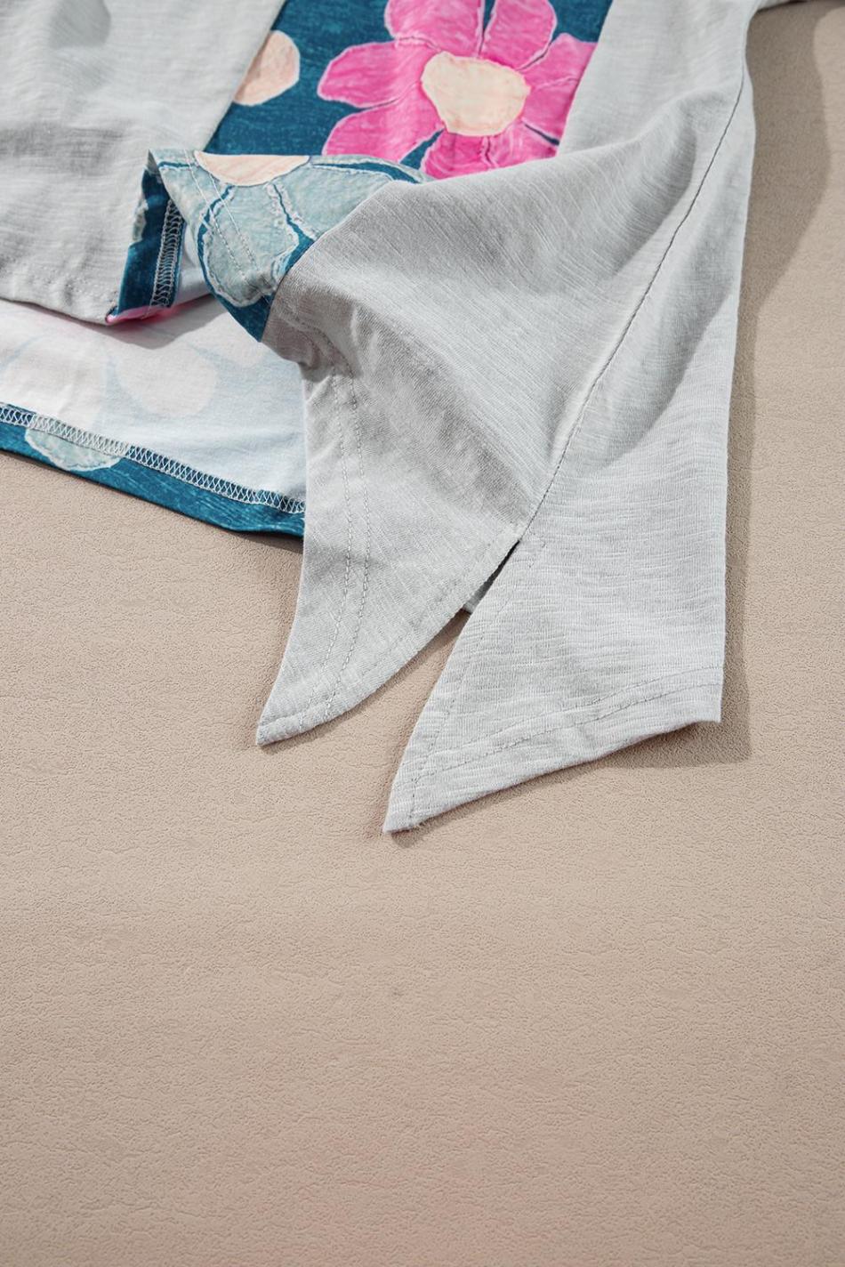 Green Patchwork 60S Floral V Neck Bracelet Sleeve Oversized Top | Women T Shirts