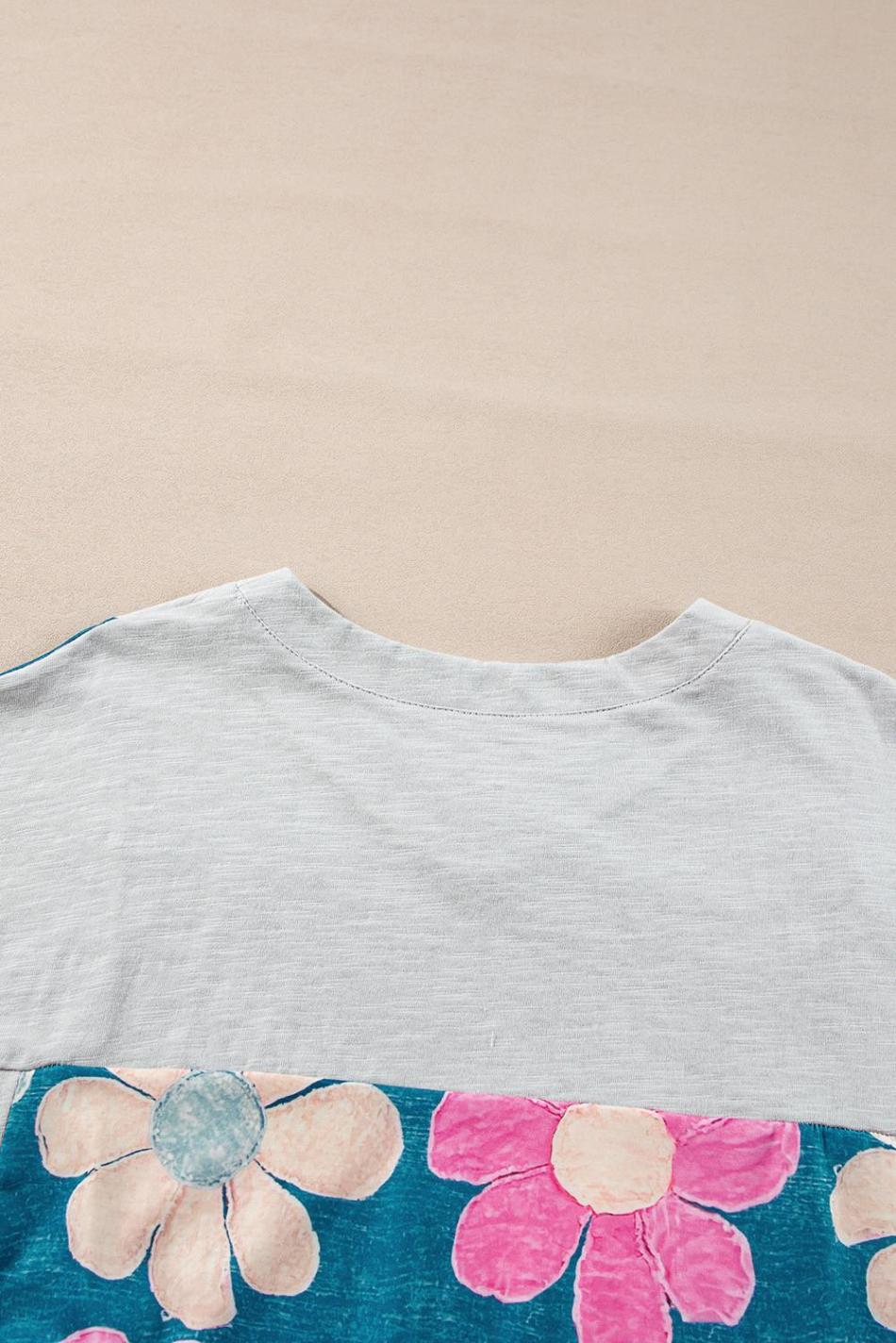 Green Patchwork 60S Floral V Neck Bracelet Sleeve Oversized Top | Women T Shirts