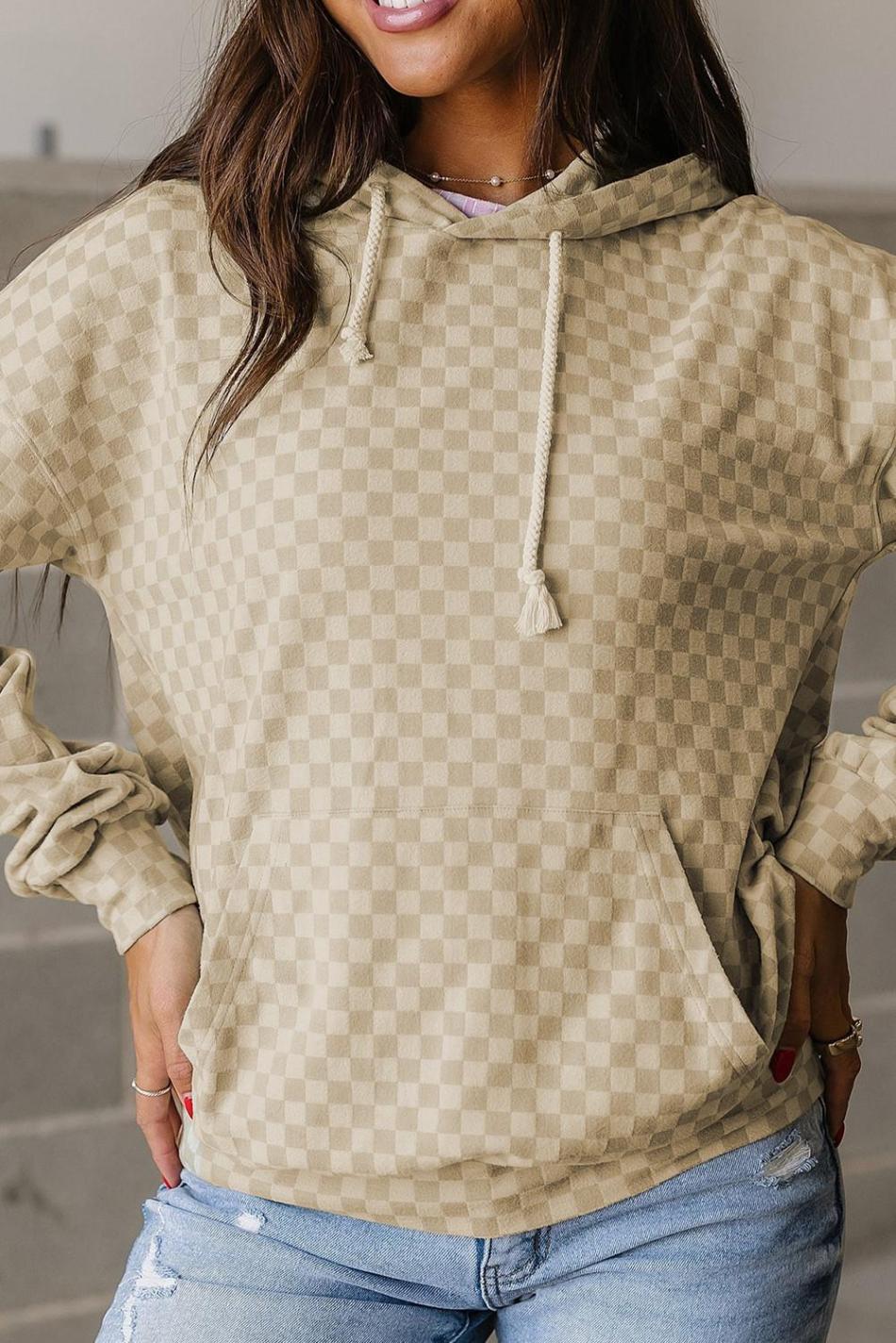 Khaki Checkered Kangaroo Pocket Hoodie | Women Sweatshirts & Hoodies