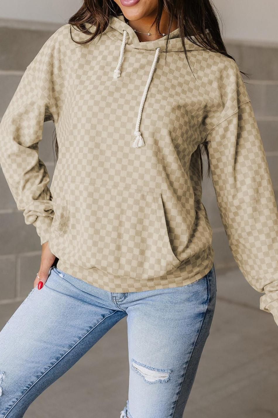 Khaki Checkered Kangaroo Pocket Hoodie | Women Sweatshirts & Hoodies