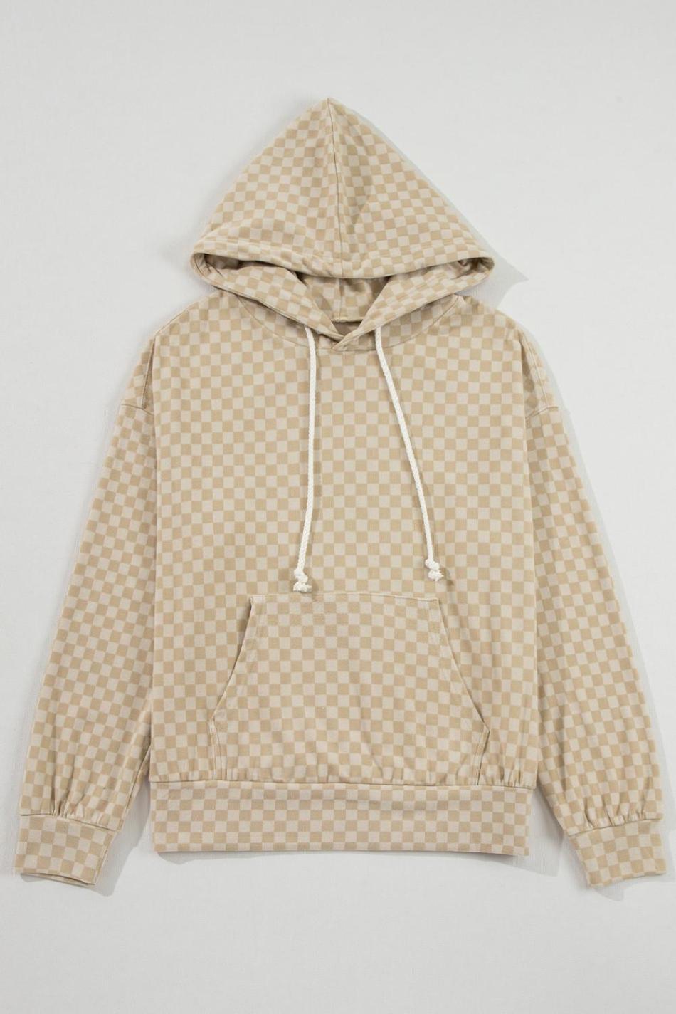 Khaki Checkered Kangaroo Pocket Hoodie | Women Sweatshirts & Hoodies