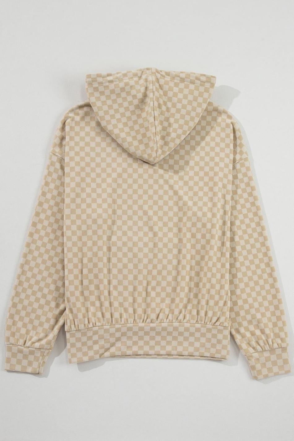 Khaki Checkered Kangaroo Pocket Hoodie | Women Sweatshirts & Hoodies