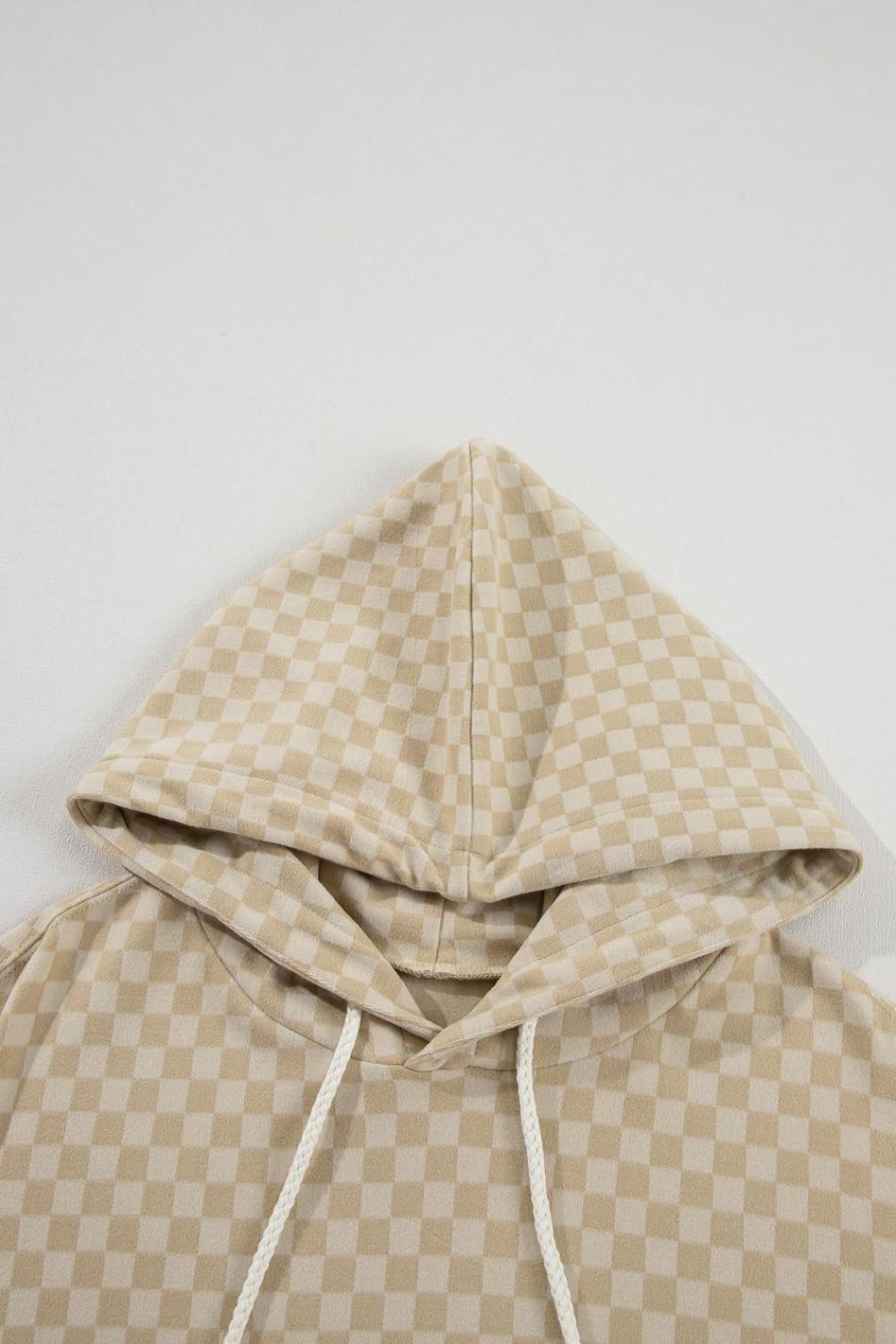 Khaki Checkered Kangaroo Pocket Hoodie | Women Sweatshirts & Hoodies