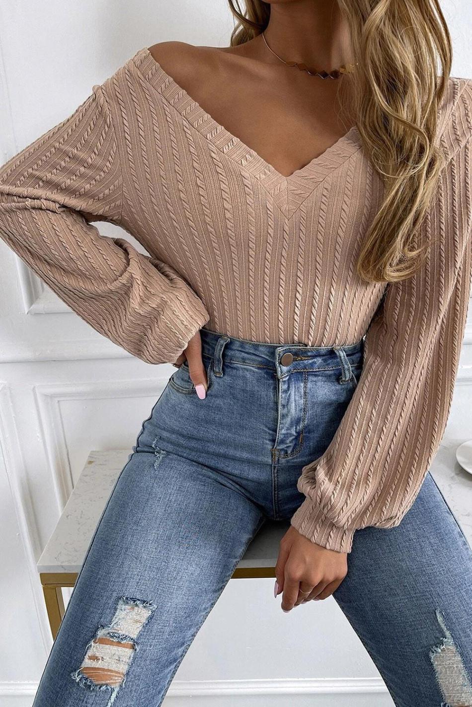 Khaki Knitted Jacquard V Neck Lantern Sleeve Top | Women Long Sleeve Tops