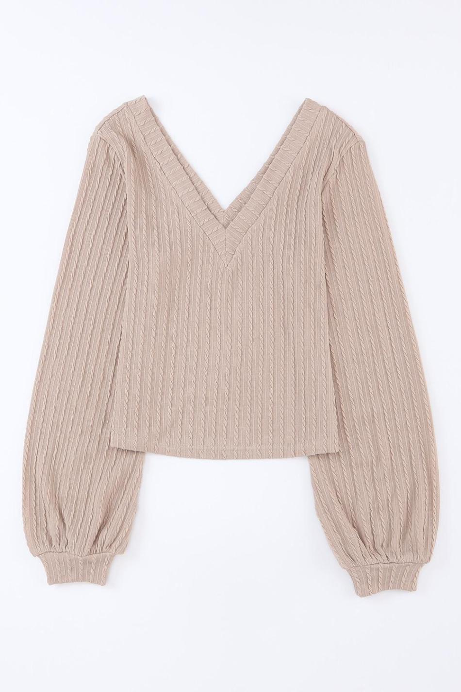 Khaki Knitted Jacquard V Neck Lantern Sleeve Top | Women Long Sleeve Tops