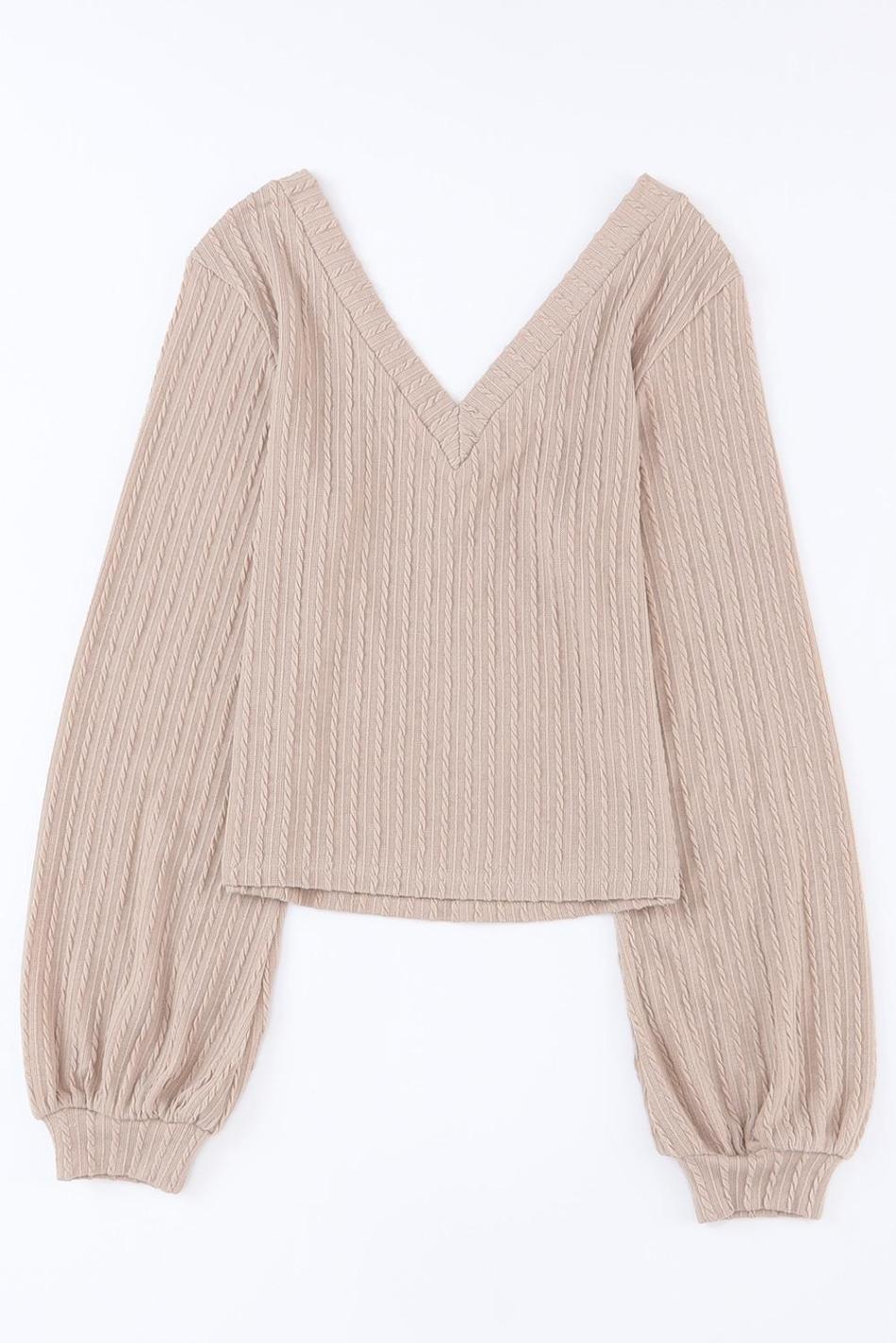 Khaki Knitted Jacquard V Neck Lantern Sleeve Top | Women Long Sleeve Tops