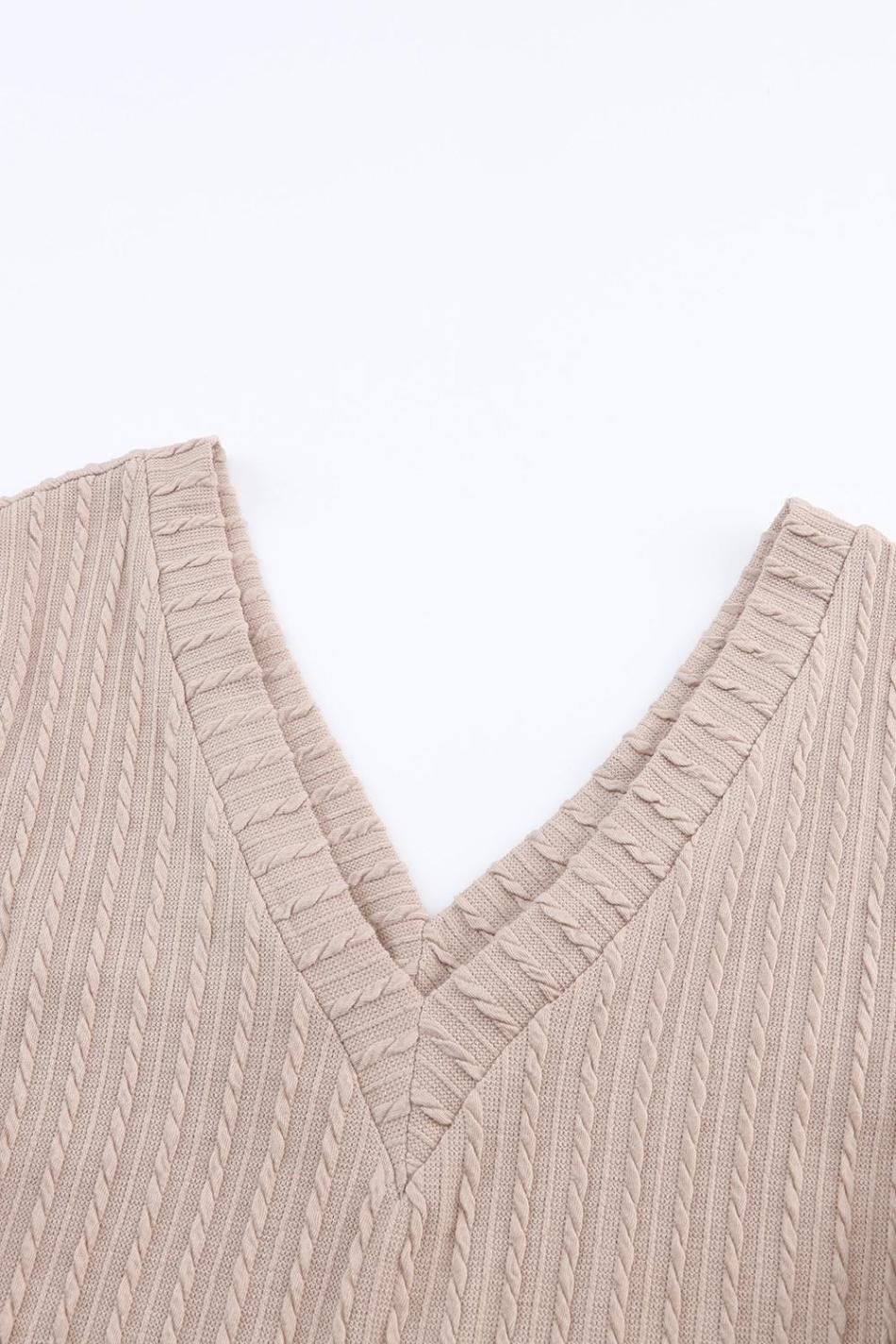 Khaki Knitted Jacquard V Neck Lantern Sleeve Top | Women Long Sleeve Tops