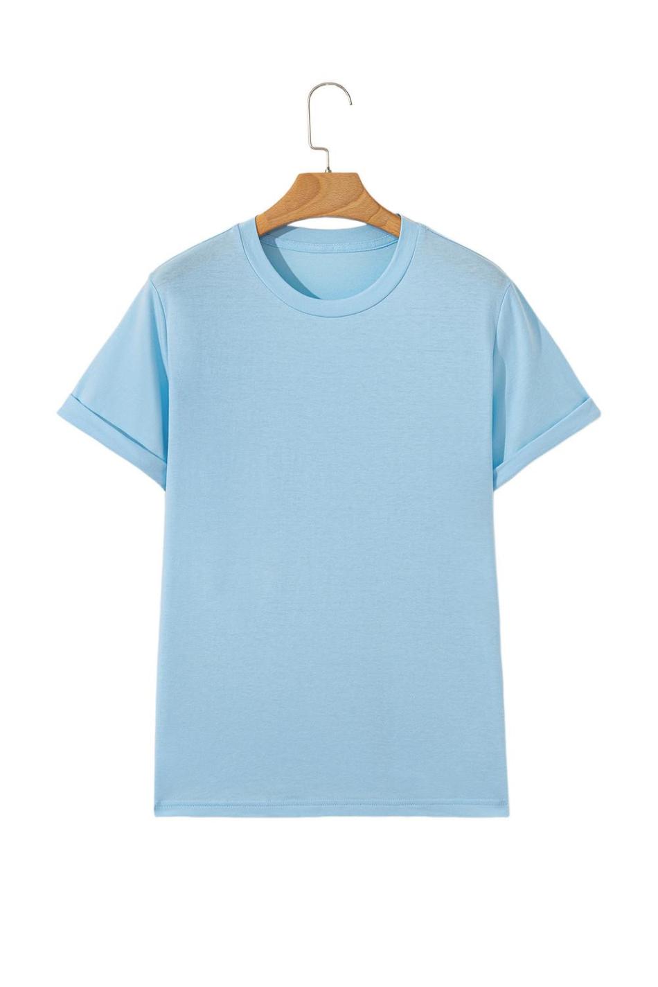 Light Blue Solid Color Basic Crew Neck Tee | Women T Shirts