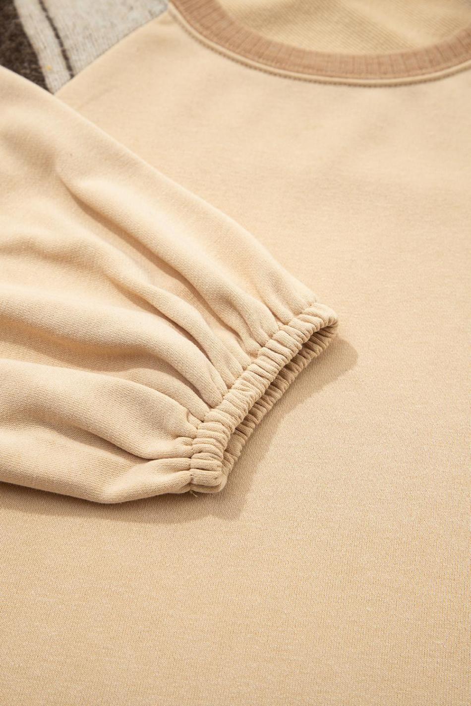 Light French Beige Geometric Patchwork Raglan Sleeve Pullover Sweatshirt | Women Sweatshirts & Hoodies