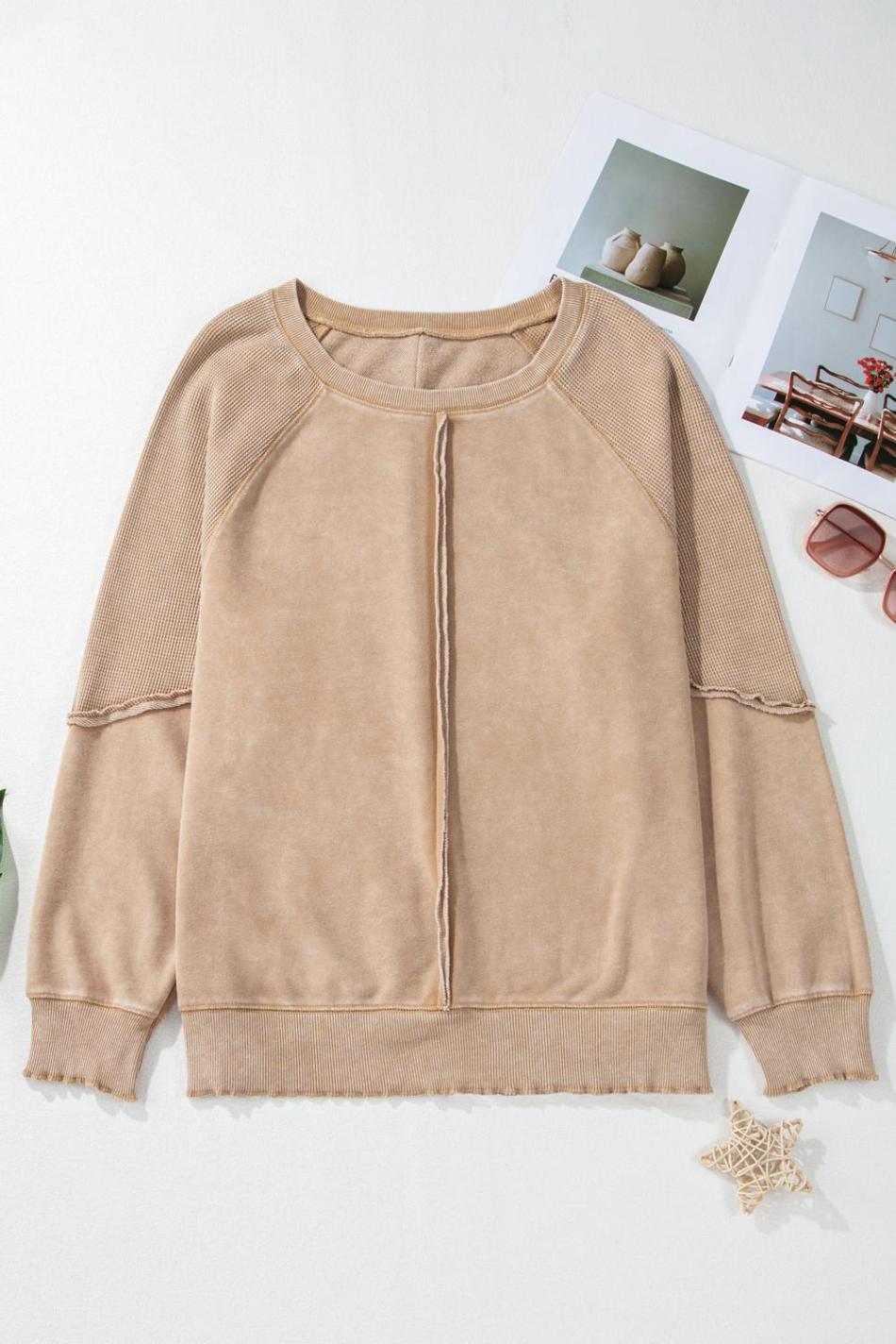 Light French Beige Patchwork Raglan Sleeve Exposed Seam Sweatshirt | Women Sweatshirts & Hoodies