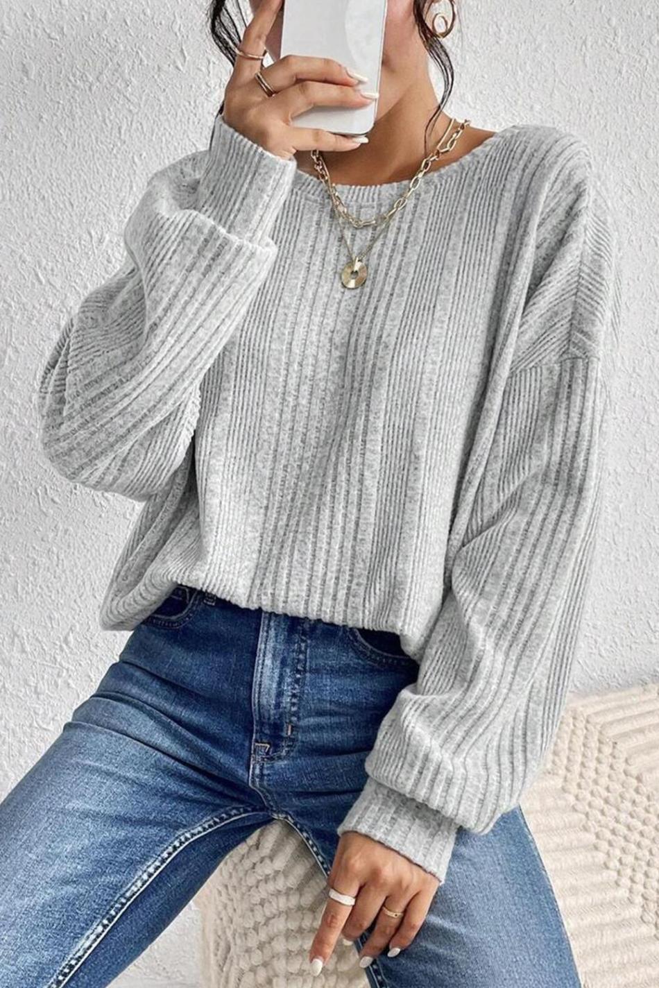 Light Grey Ribbed Backless Drop Sleeve Top | Women Long Sleeve Tops