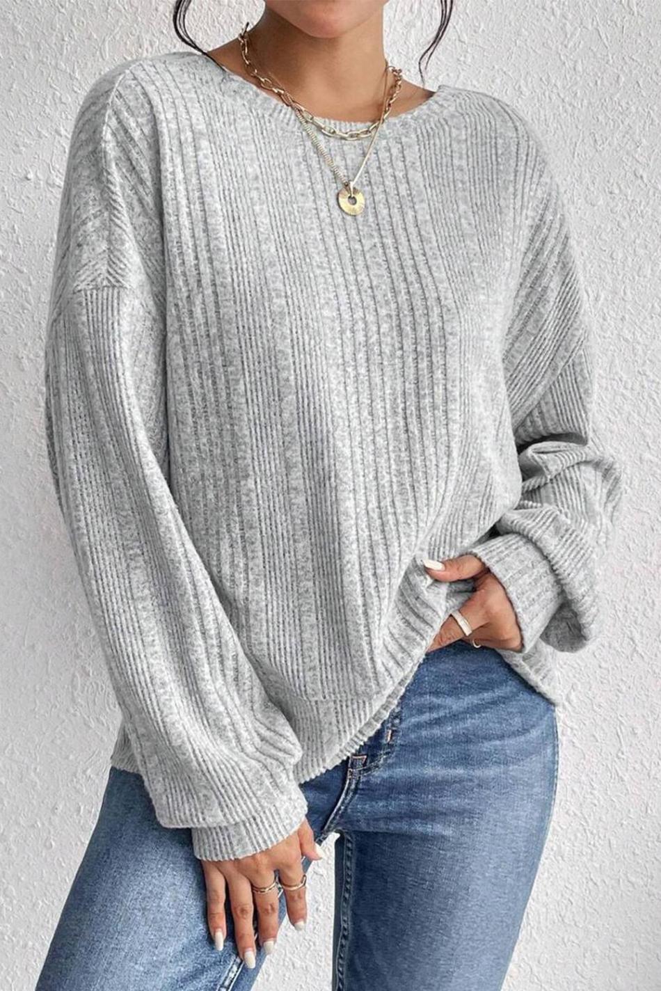 Light Grey Ribbed Backless Drop Sleeve Top | Women Long Sleeve Tops