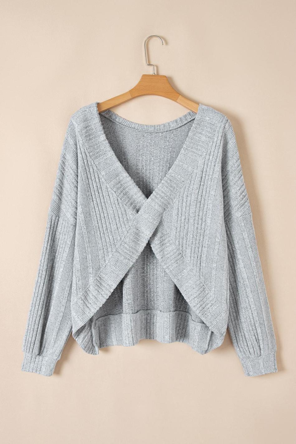 Light Grey Ribbed Backless Drop Sleeve Top | Women Long Sleeve Tops