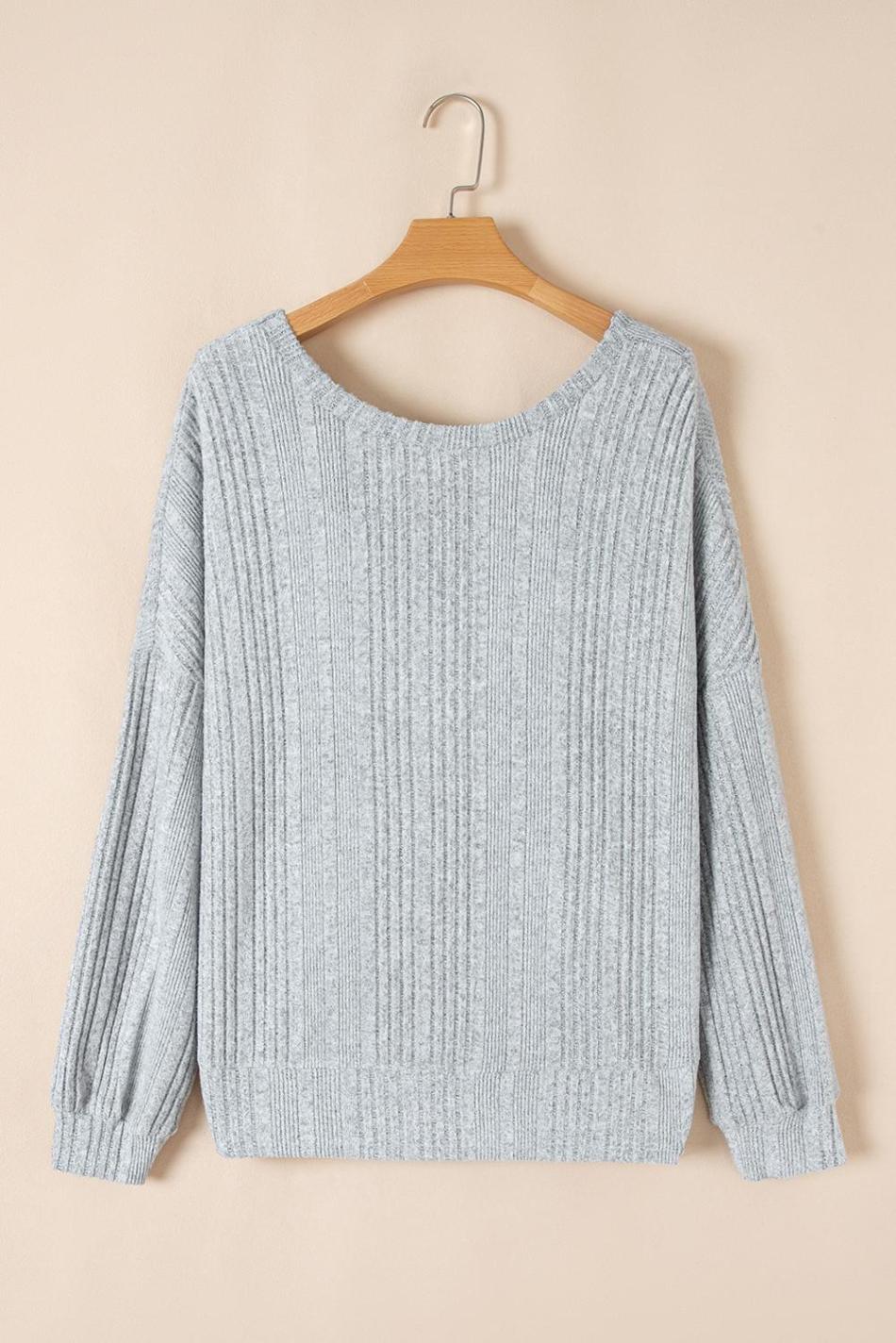 Light Grey Ribbed Backless Drop Sleeve Top | Women Long Sleeve Tops
