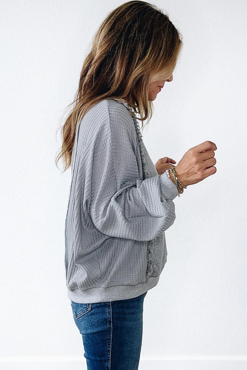 Light Grey Waffle Patchwork Long Sleeve Pullover Top | Women Long Sleeve Tops