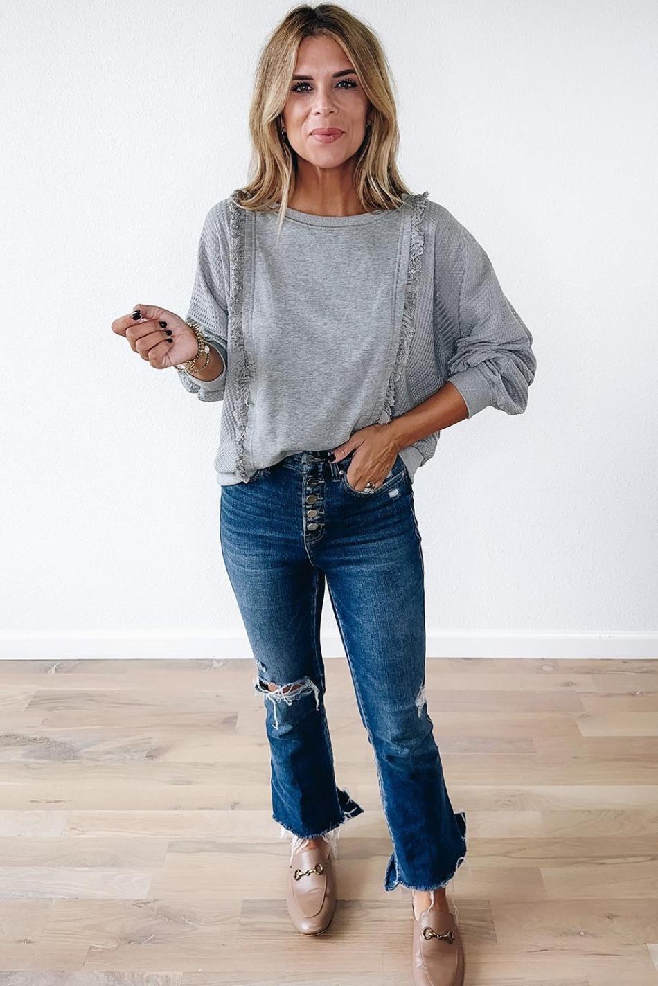Light Grey Waffle Patchwork Long Sleeve Pullover Top | Women Long Sleeve Tops