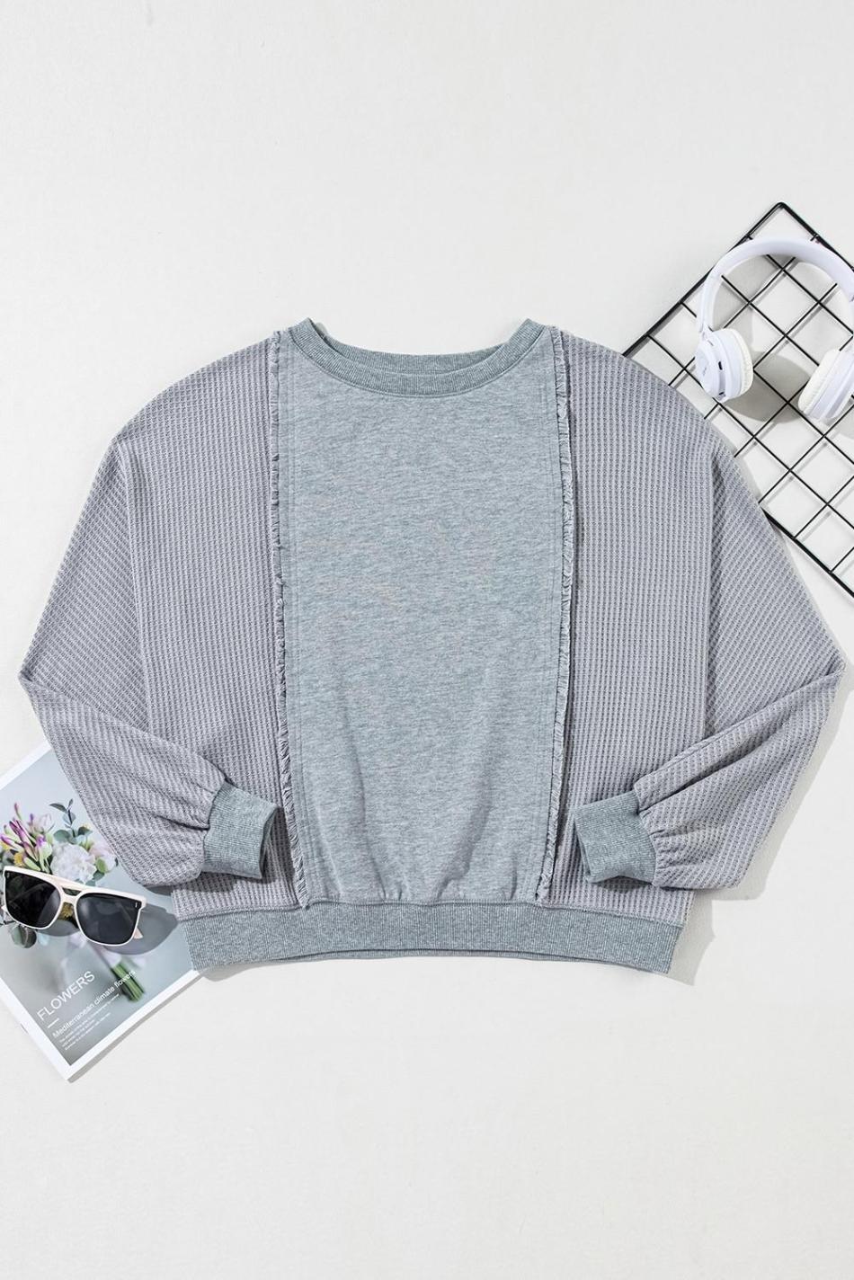 Light Grey Waffle Patchwork Long Sleeve Pullover Top | Women Long Sleeve Tops