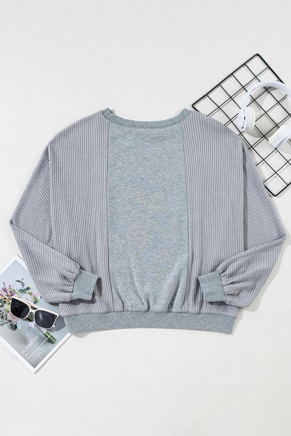 Light Grey Waffle Patchwork Long Sleeve Pullover Top | Women Long Sleeve Tops