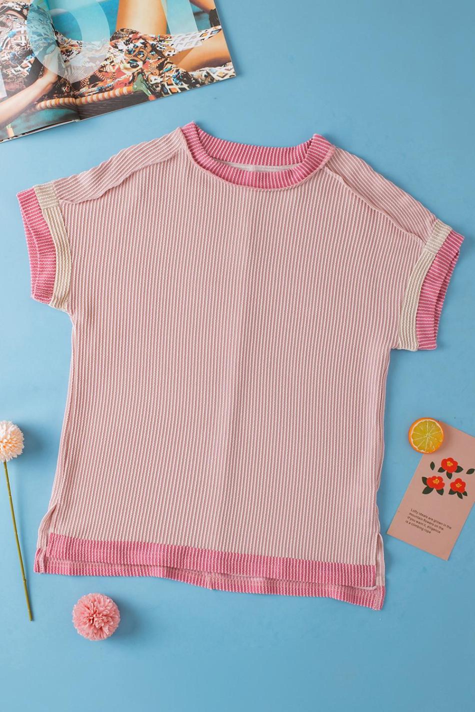 Light Pink Textured Colorblock Round Neck T Shirt | Women T Shirts