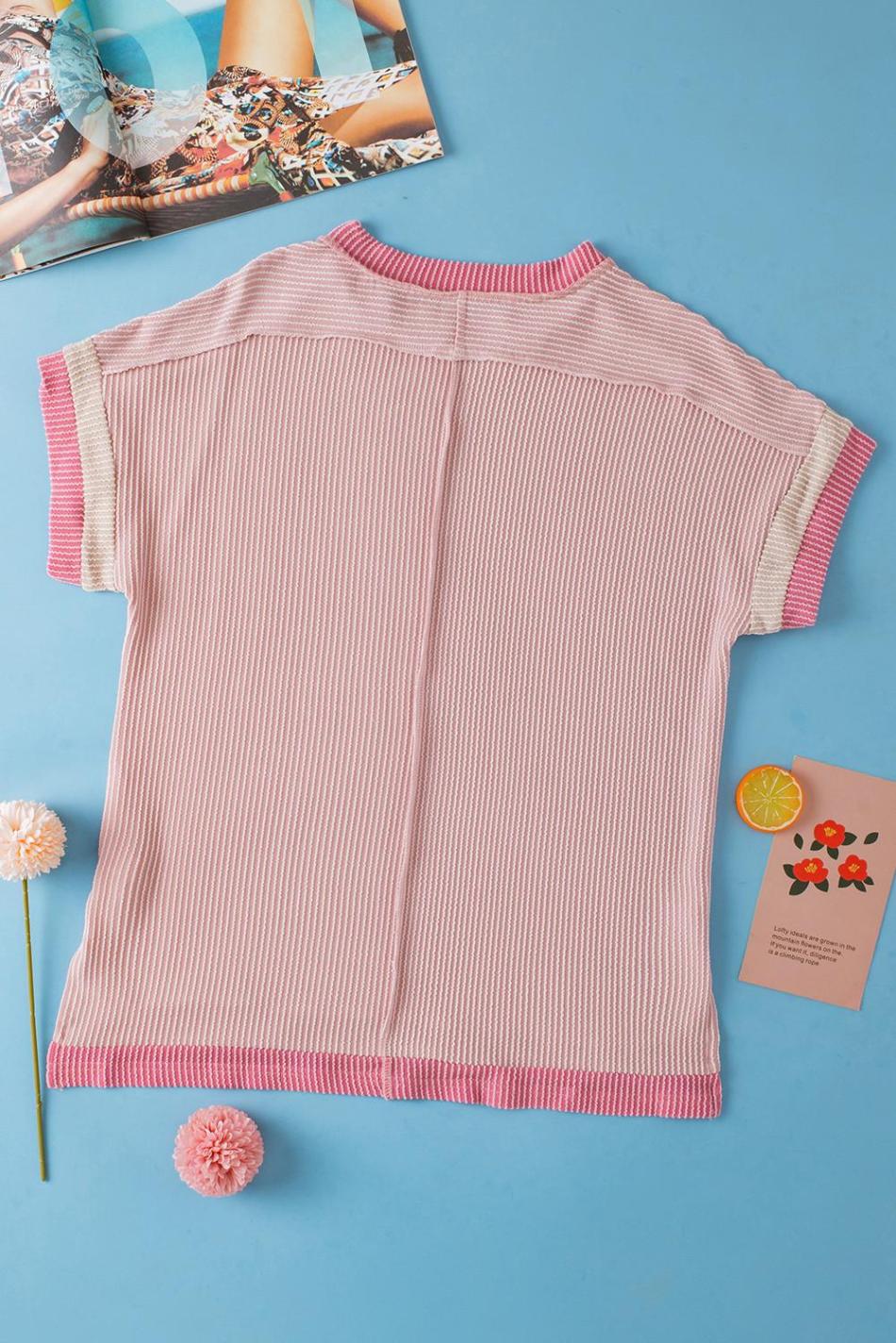 Light Pink Textured Colorblock Round Neck T Shirt | Women T Shirts