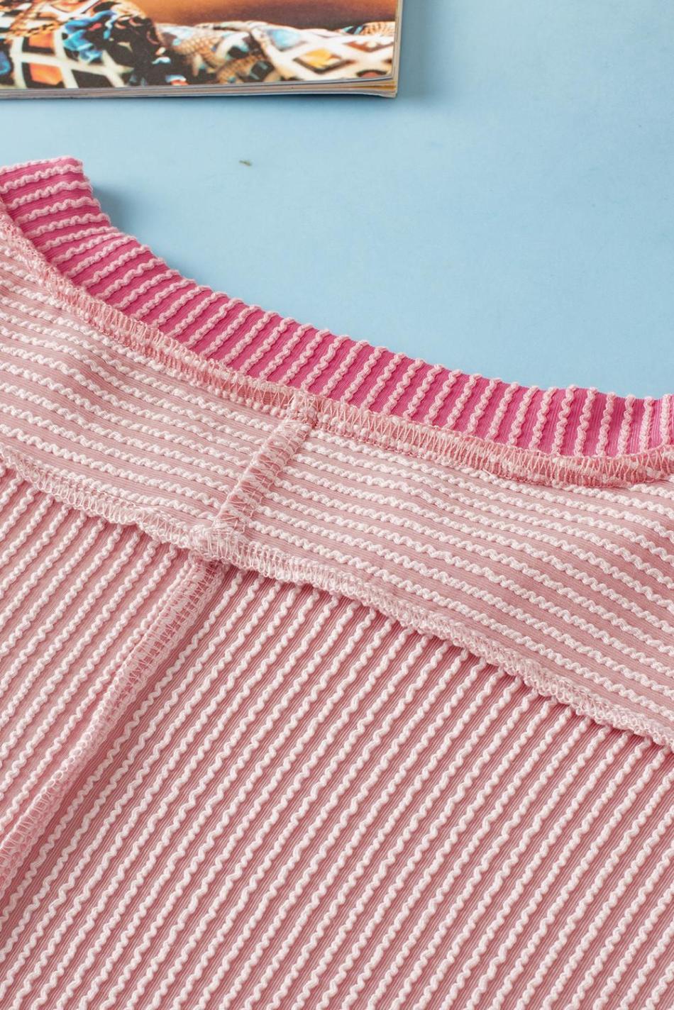 Light Pink Textured Colorblock Round Neck T Shirt | Women T Shirts