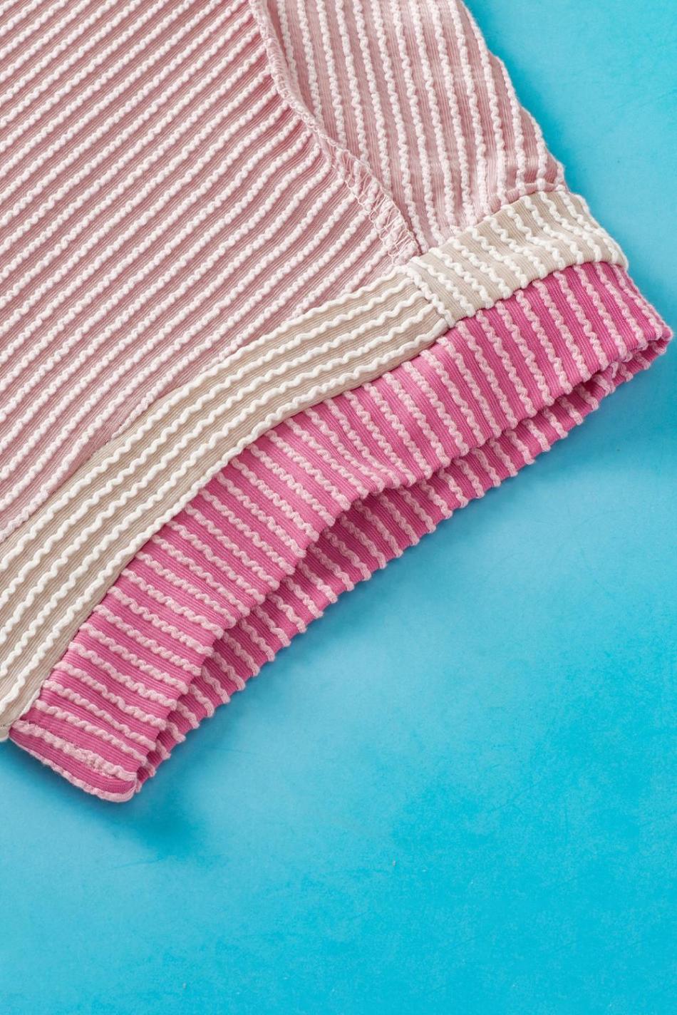 Light Pink Textured Colorblock Round Neck T Shirt | Women T Shirts