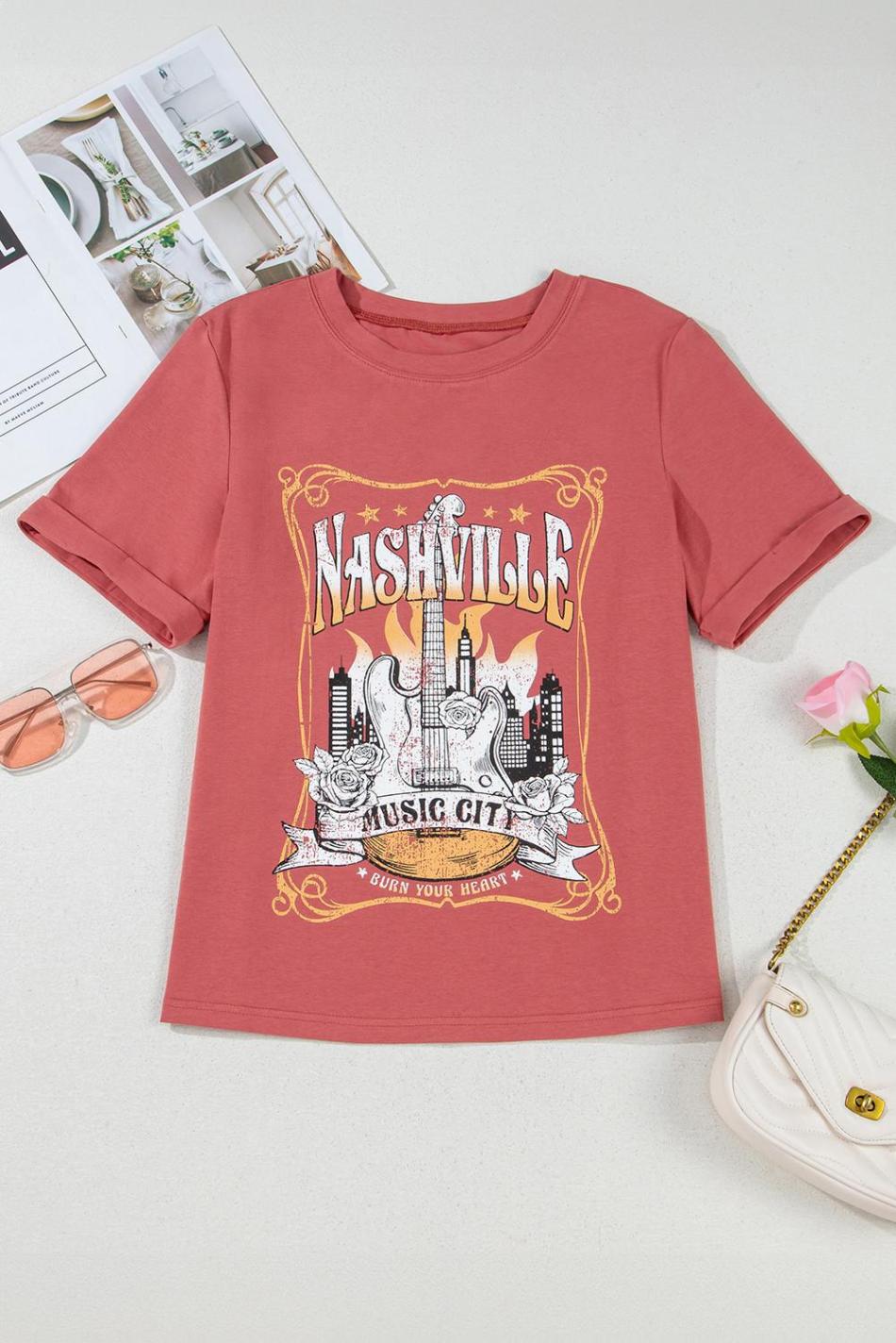 Mineral Red Nashville Music City Graphic Retro Fashion Tee | Women T Shirts