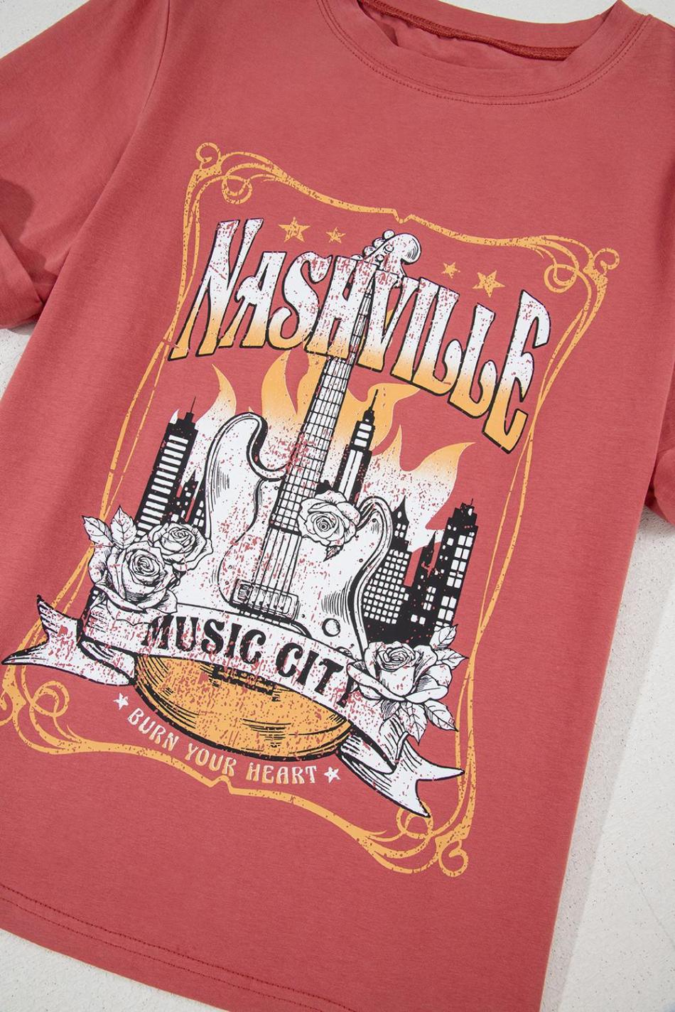Mineral Red Nashville Music City Graphic Retro Fashion Tee | Women T Shirts