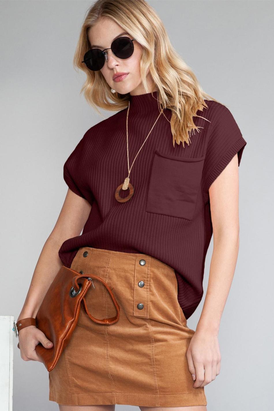 Mineral Red Patch Pocket Ribbed Knit Short Sleeve Sweater | Women Knit Tops