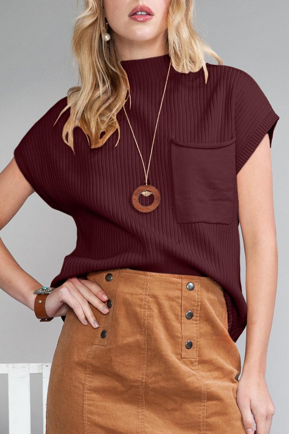 Mineral Red Patch Pocket Ribbed Knit Short Sleeve Sweater | Women Knit Tops