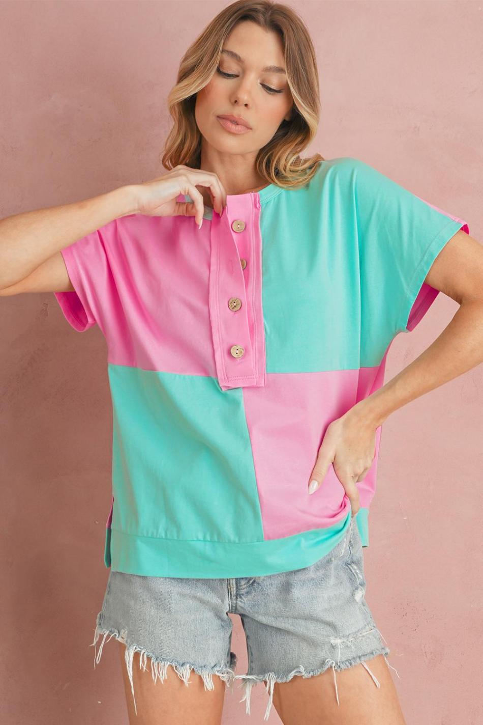 Mint Green Colorblock Half Buttons Henley T Shirt | Women T Shirts