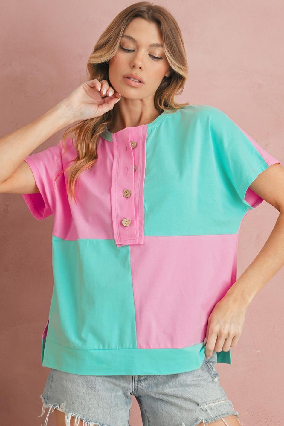 Mint Green Colorblock Half Buttons Henley T Shirt | Women T Shirts