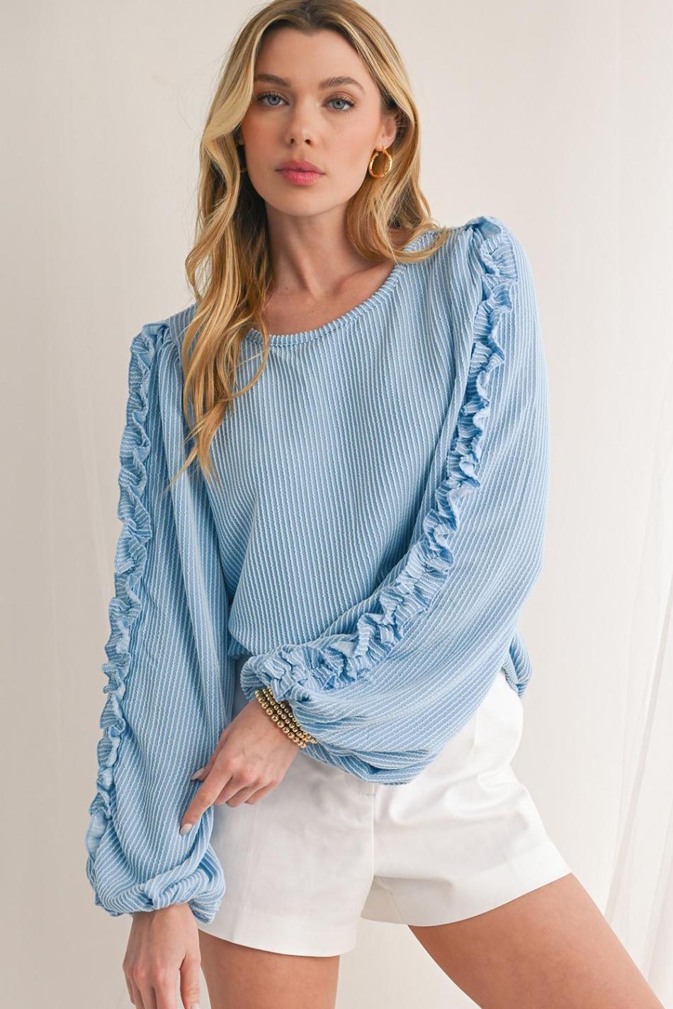 Mist Blue Corded Frill Detail Puff Sleeve Top | Women Long Sleeve Tops