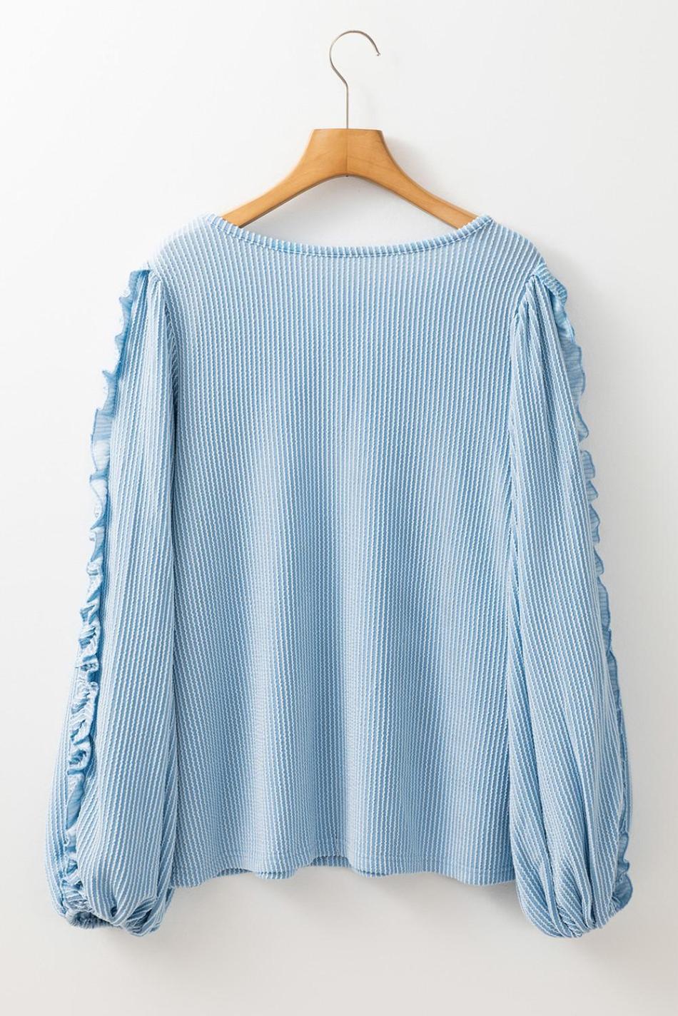 Mist Blue Corded Frill Detail Puff Sleeve Top | Women Long Sleeve Tops