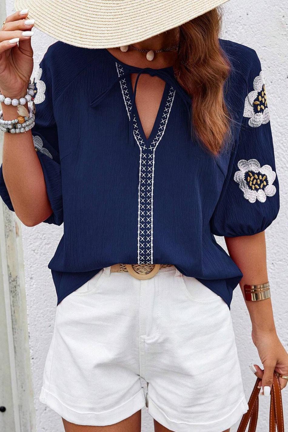 Navy Blue Embroidered Flower V Neck Elegant Half Sleeve Blouse | Women Blouses