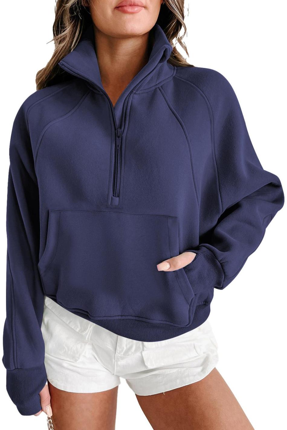 Navy Blue Zip Up Stand Collar Ribbed Thumbhole Sleeve Sweatshirt | Women Sweatshirts & Hoodies
