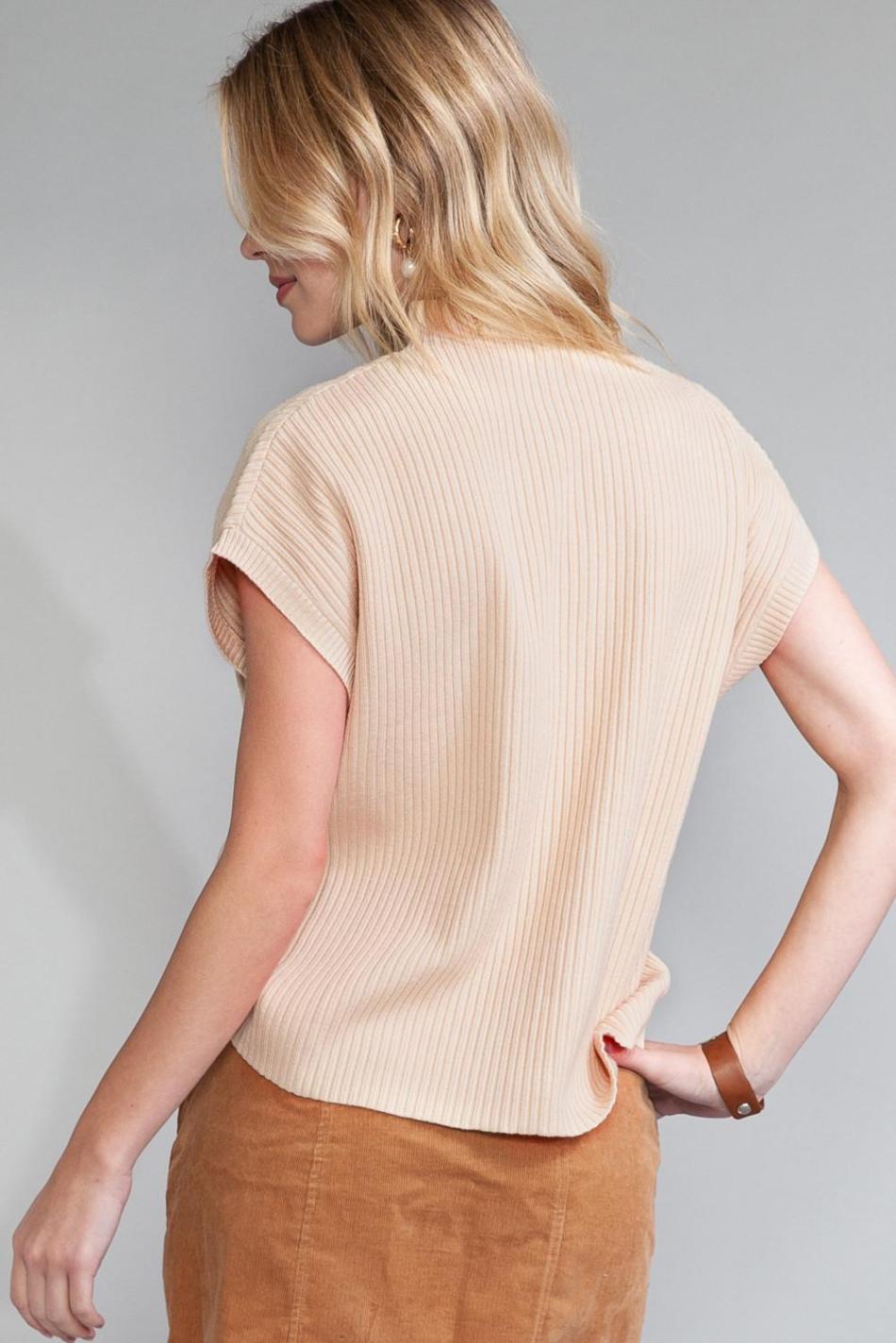 Oatmeal Patch Pocket Ribbed Knit Short Sleeve Sweater | Women Knit Tops