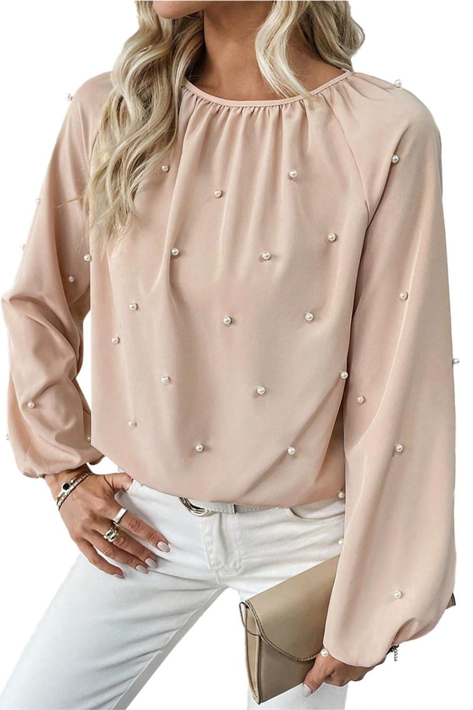 Oatmeal Pearl Beaded Round Neck Long Sleeve Top | Women Long Sleeve Tops