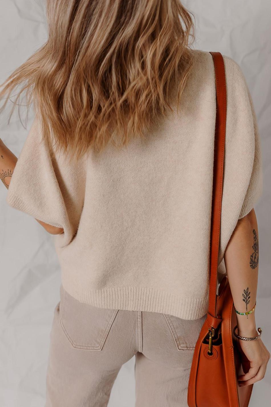 Oatmeal Pearl Bow Embellished Dolman Short Sleeve Sweater | Women Knit Tops