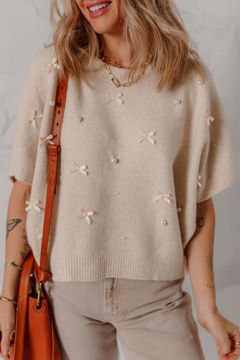 Oatmeal Pearl Bow Embellished Dolman Short Sleeve Sweater | Women Knit Tops