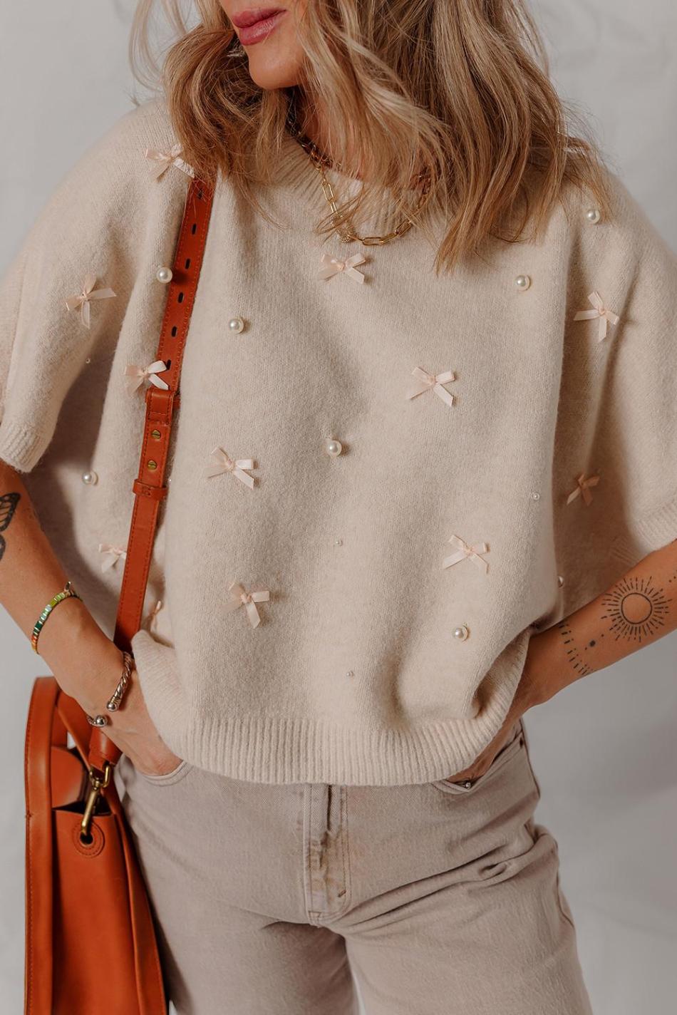 Oatmeal Pearl Bow Embellished Dolman Short Sleeve Sweater | Women Knit Tops