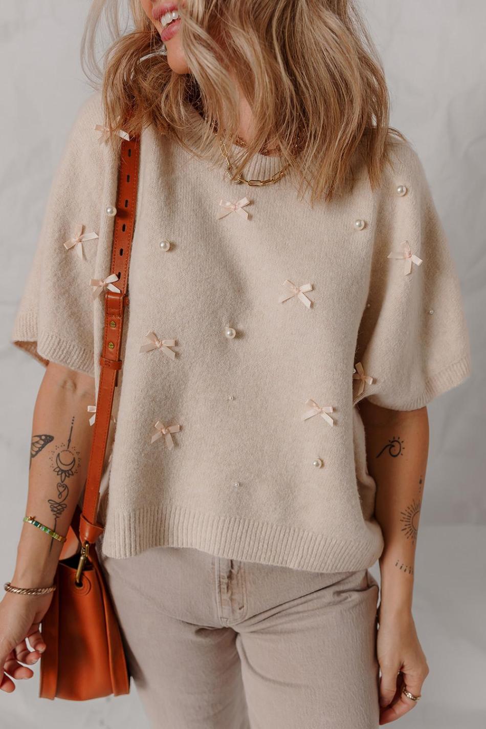 Oatmeal Pearl Bow Embellished Dolman Short Sleeve Sweater | Women Knit Tops