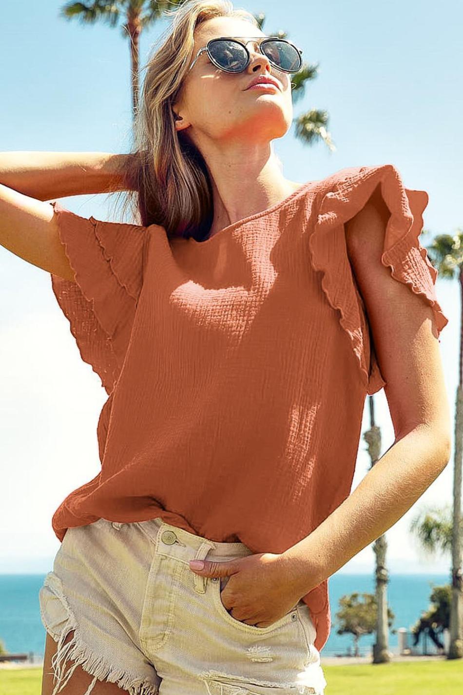 Orange Crinkled Ruffle Sleeve Blouse | Women Blouses