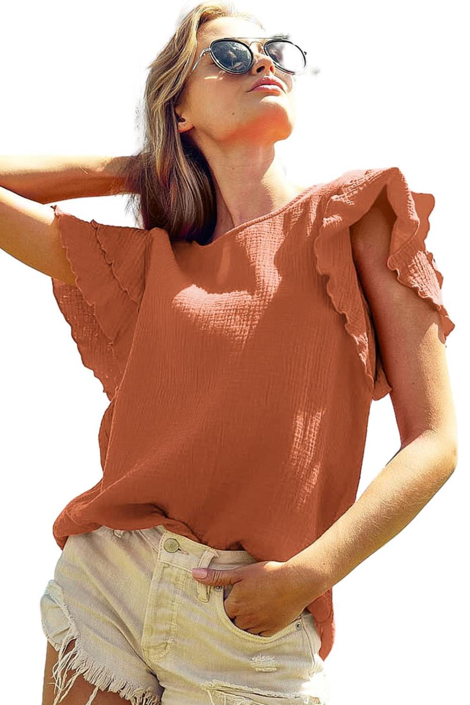 Orange Crinkled Ruffle Sleeve Blouse | Women Blouses
