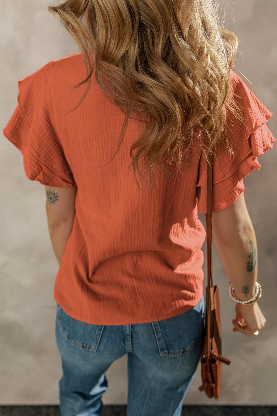 Orange Crinkled Ruffle Sleeve Blouse | Women Blouses