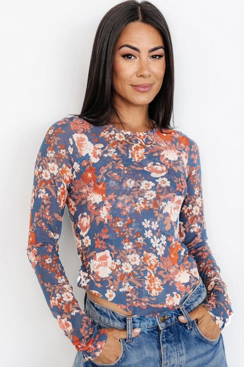 Orchid Petal Allover Floral Print Mesh Long Sleeve Top | Women Long Sleeve Tops