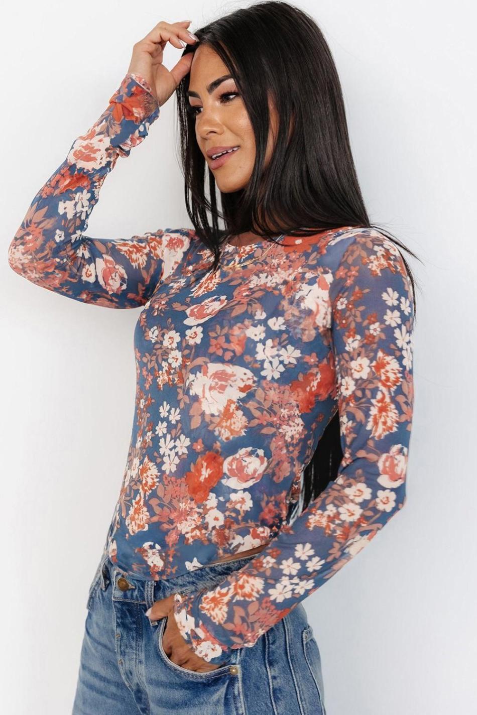 Orchid Petal Allover Floral Print Mesh Long Sleeve Top | Women Long Sleeve Tops